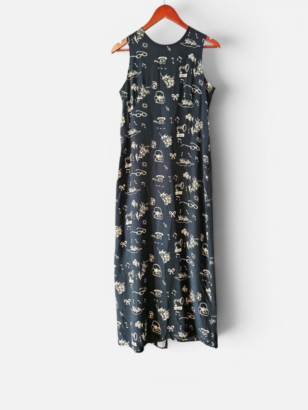 Vintage Vision Apparel 100% Silk Black Music Note Print Long Shift Maxi Dress 4